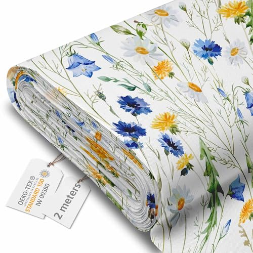 DreamRoots Markisenstoff Meterware, Country Meadow, 2 m | Oxford Segeltuch, wasserdicht, Polsterstoff, 220 g/m² 600D, 160 cm breit, wasserabweisend, für außen & Deko