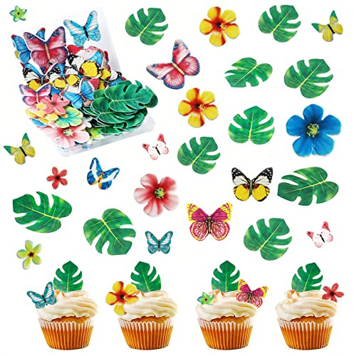 123 Stück Essbare Tortendeko BOZILY 35x Essbare Blumen für Cupcake Topper+ 48x Essbare Blätter Kuchen Dekoration+ 40x Essbare Schmetterlinge Deko Torte für Kuchen, Muffins, Cup-Cakes (3 Stile)