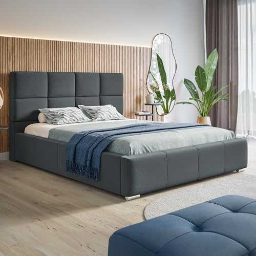 MOTIVENA Luna Bett 120x200 Grau Samt, mit Stauraum, mit Kopfteil, mit Lattenrost, mit Füßen, ohne Matratze, Polsterbett 120x200 mit Bettkasten Grau (Anthrazit)
