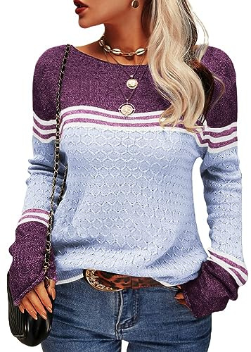 Tankaneo - Maglione da Donna, a Maniche Lunghe, Girocollo, Colorblock, a Righe, Slim Fit, Lavorato a Maglia, Top, Celeste, S