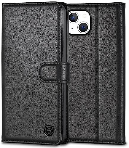 Kuafcase Handyhülle für iPhone 13 Hülle Premium Leder Klapphülle | 3 Kartenfächer + Geldscheinfach, Standfunktion, Klapp-Geldbörse, RFID Schutzhülle, Stoßfest, Schwarz