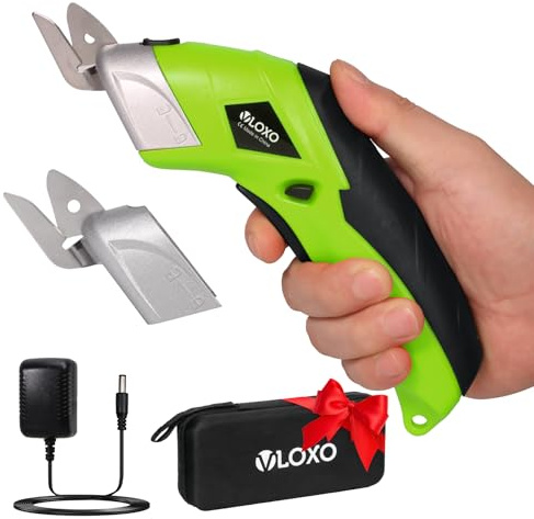 Cordless Electric Scissors, VLOXO Cardboard Cutter Electric Fabric Scissors with Blades Rechargeable Powerful Fabric Cutter for Crafts Leather Carboard Carpet Plastic Felt with Case Green CS4001
