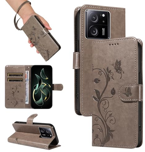 SRISHP Hülle für Xiaomi 13T Pro / 13T Handyhülle, Grau | Premium PU Leder, Handyhülle Mit Band, Magnet Flip Case, Kartenfächer, Ständer Klappbar Tasche, Standfunktion Schutzhülle