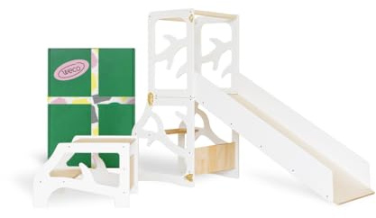 WECO Montessori Kinder Lernturm 3 in 1 Baum Design mit Rutsche und Tritthocker FSC Zertifikat Schreibtisch Montessori Möbel Küchenhelfer klappbar Stylisch Lernturm (Weiß)