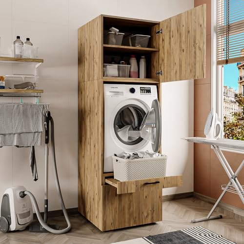 ROOMART , Waschmaschinenschrank mit Schrankaufsatz & Ausziehbrett, Weiß, Schwarz Eiche, Waschmachinenüberbau (Schrank + Aufsatz (62 cm), Eiche)