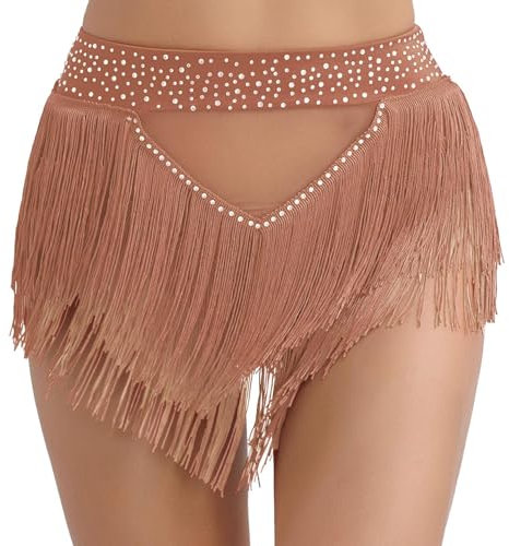 winying Damen Tanzrock Latein Tango Bauchtanz Hüfttuch Fransen Rock Schnürrock Tanzshorts Unterteile Elastisch Ballsaal Quaste Tanzkostüm Braun XXL