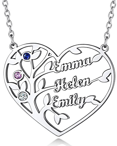 Custom4U Arbre de Vie Coeur Femme Personnalisé Prénom 1-4 Prénoms Collier Acier Inoxydable, Pendentif Arbre de Vie Gravé Pierre de Naissance,Collier Arbre Généalogique à Graver avec Chaîne Réglable