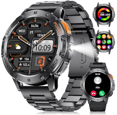 DREMAC Smartwatch Uomo con Torcia, Chiamate Bluetooth e Assistente Vocale, 530mAh, 1,43 AMOLED Nero Smartwatch Militare con SpO2/Cardiofrequenzimetro/5ATM Impermeabile Android iOS