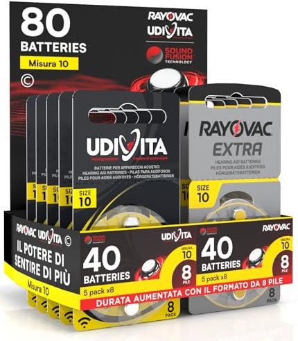 80 Pilas para audífono PR70 tamaño 10 (Amarillas - Zinc Air) con tecnología Sound Fusion para Amplificador auditivo - 80 Pilas: 40 Udivita + 40 Rayovac