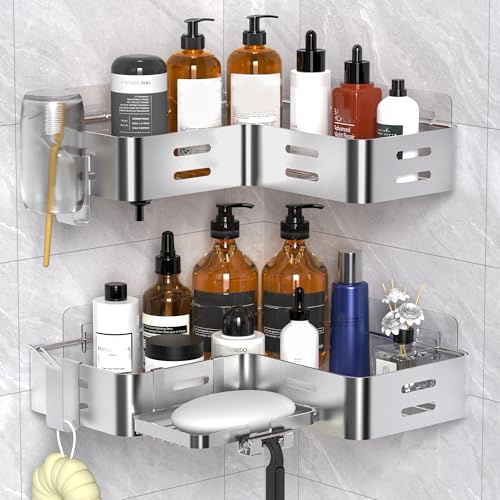 Cooeco Etagere Douche Sans Percage 2 Pièces, Acier inoxydable argenté Etagere Salle de Bain Rangement et Organisation de La Salle de Bain Avec Porte - Savon et Crochet