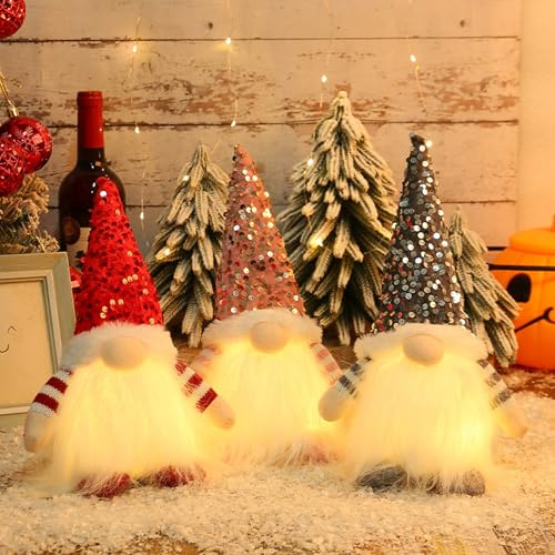 Gnomo Navideño Iluminado Papá Noel - 3 Piezas Decoración Con Luz, Figuras de Felpa, Cosas para el Hogar
