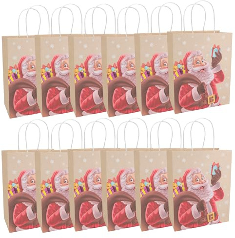 Idena 30510-12 - Geschenktaschen Santa, 12 Stück, Geschenktüte in der Größe 21 x 27 x 11 cm, Papiertüten in Hellbraun