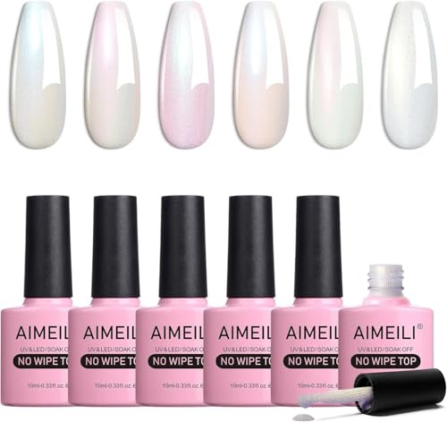 AIMEILI Capa Superior de Brillo de Perlas Esmalte en Gel,6 Botellas 10ml destellar para uñas, Sin crueldad Vegano UV LED Gel de arcoíris con brillo para uñas, Fácil de usar, Set 75