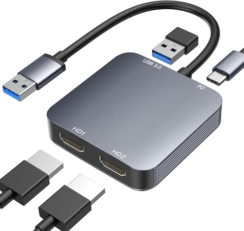 ABLEWE USB 3.0 auf Dual HDMI Adapter mit USB3.0 Port, HDMI zu USB Audio Video Grafikkonverter Kabel für Laptop Monitor Desktop TV, kompatibel mit Mac OS, Windows