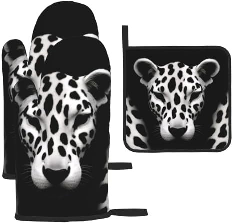 Ofenhandschuhe und Topflappen, Leopardenmuster, 3er-Set, wasserdicht, hitzebeständig bis 260 °C, Mikrowellen-Handschuhe, Backhandschuhe, Grillhandschuhe, Kochhandschuhe, Schwarz-Weiß