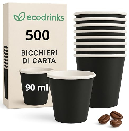 ecodrinks - 500 Bicchieri Caffe Carta Da 90ml - Set Bicchierini Monouso per Bevande Calde/Fredde - Biodegradabili, Eco-friendly e Made in Italy, Nero