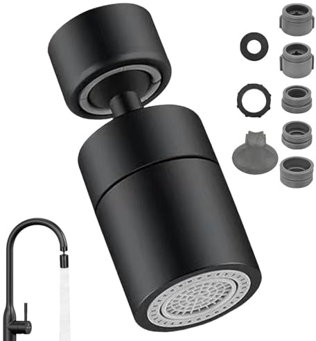 JJiaoLinin Wasserhahn Aufsatz Schwenkbar,360° Drehbar Doppelfunktion Wasserhahn Luftsprudler,mit 2 Sprühfunktion, 22mm und 24mm Gewinde Luftsprudler Aufsatz Wasserhahns für Küchen Bad(Schwarz)