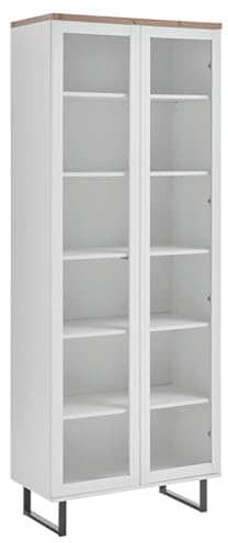ebuy24 Anna Vitrinenschrank 2 Türen weiß Eiche Dekor – T40xH206xB80 – Glas MDF Metall Melamin – skandinavisch-clean – für Esszimmer – passt zu vielen Styles – hochwertiges Design
