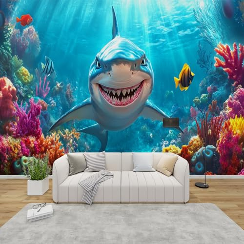 PaxGloz Fototapete Unterwasserwelt Kinderzimmer Tapete Hai Meerestiere Tapeten Vliestapete Modern Wandtapete Wohnzimmer Schlafzimmer Kinderzimmer Wanddeko Motivtapeten 300 x 210 cm (B x H)