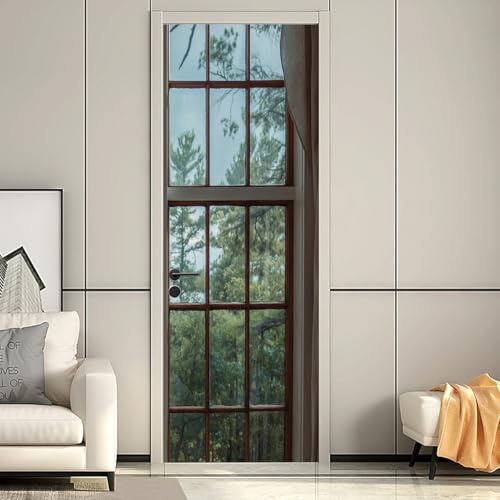 Türtapete Landschaftsbaum vor dem Fenster Türaufkleber 90x200cm Innentür Selbstklebend Türaufkleber Vinyl Türfolie Küche Wohnzimmer Schlafzimmer Badezimmer Küche Büro
