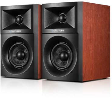 Sanyun SW203 Aktive PC Lautsprecher 2.0 3“, Breites Stereofeld, Triple-DSP | 24-Bit-DAC, USB-C/Bluetooth 5.4/AUX, Kohlefaser-Woofer 60W + Seidenkalotten-Tweeter, PC Desktop Gaming (Paar, Rot)