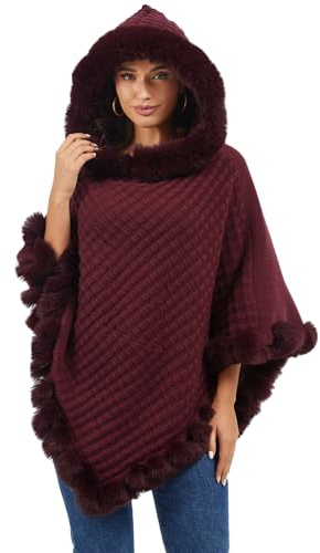 Rayson Poncho Donna Invernale Elegante Mantella in Maglia con Cappuccio Peloso Caldo Poncho con Morbido Coprispalle Pelliccia