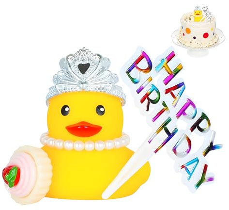 Birthday Rubber Ducks with Happy Birthday Sign, Rubber Duck Happy Birthday with Mini Cupcake Accessory, Pearl Necklace and Crown, Duck Birthday Party Decorations
