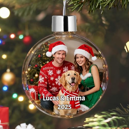 Personalisierte Weihnachtsdekoration, klare Kugel, individuelle Weihnachtsbaumschmuck, Urlaubsfoto-Dekoration, 2025er-Edition, Geschenk (Farbe 1) (runden)