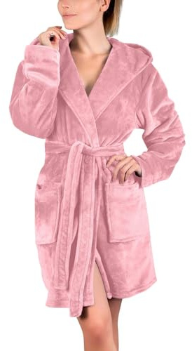 Generisch Bata de felpa para mujer con capucha y bolsillos, suave y esponjosa, bata de casa de franela, kimono, albornoz, ropa de noche para otoño e invierno, O rosa., M