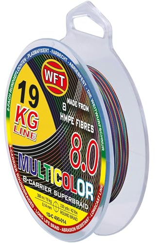 WFT KG 8.0 Multicolor Geflochtene Angelschnur, 8-Fach Geflochten, Farbwechsel alle 10 Meter, für Süß- und Salzwasser, 300m, 19kg-34kg Tragkraft