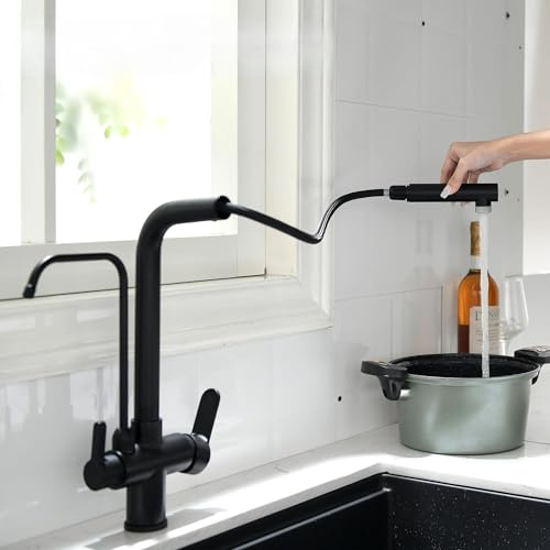 3 Wege Wasserhahn Ausziehbar,3 Wege Wasserhahn Küche Mit Brause, 360° Drehbar Küchenarmatur, Drei Wege Mischbatterie Für Wasserfilter, 3 in 1 Spültischarmatur (Schwarz)