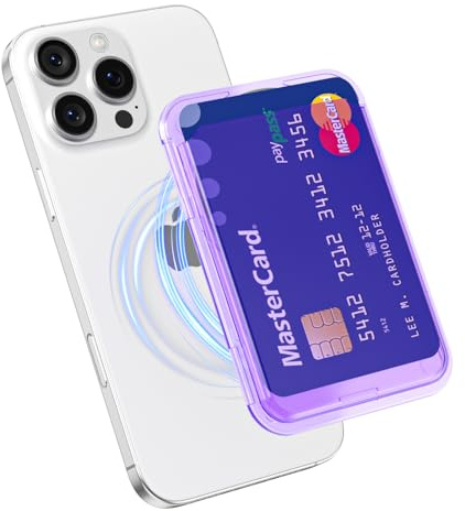oakxco Magnetic Phone Pocket Stick On, Matte Secure Phone Card Holder Plastic Compatible with Magsafe, Slim Adhesive Card Holder Sleeve ID Credit Card, Compatible with iPhone Samsung, Clear Purple