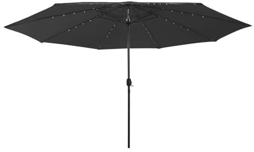 Holamys Grand parasol de 400 cm noir avec 32 lumières LED, tissu en polyester UV, mécanisme à manivelle, pour jardin, terrasse et balcon, robuste