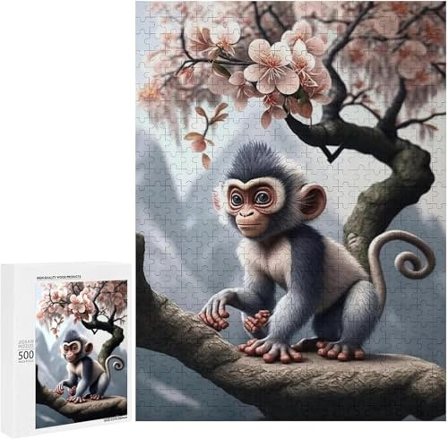 Puzzles for Adults 500 Pieces - Monkey Peach Blossom Tree Picture Scenerys Perfect Interlocking Clear Printing - Adults Educational Puzzle Ideal Gift - Display as Artwork Idea!