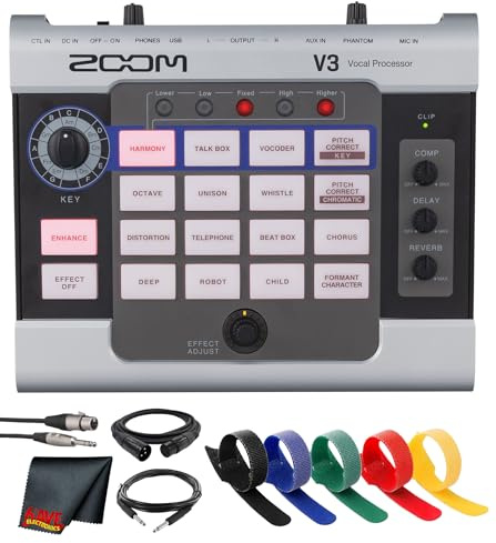 Zoom V3 Vocal Processor, Vocal Effects Pedal, 3-Part Harmony, Pitch Correction, 16 Studio Grade Effects for Streaming and Recording Bundle