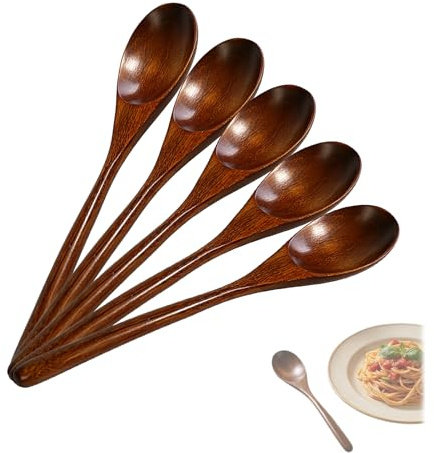 JIXLOUR Cucharas de Madera Juego de 5 Piezas de Madera Nanmu Estilo Japonés, Cuchara Madera para Cocina, Comer, Mezclar y Cocinar, Ideal para Uso en la Cocina y Preparación de Alimentos