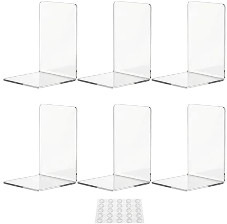 6 Pcs Acrylic Book Ends for Shelves,Book Holder for Shelf +25 Non-slip Pads
