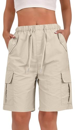 Youkly Cargo Shorts Women Knee Length Elastic Waist Drawstring | with Multiple Pockets Ladies Bermuda Shorts for Summer Casual Outdoor Walking Hiking Travel