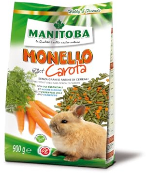 PELLET CAROTA Monello MANITOBA | alimento per Conigli Nani, alimento completo ricco in fibre e privo di grani e farine di cereali, 1 confezione da 900 grammi.