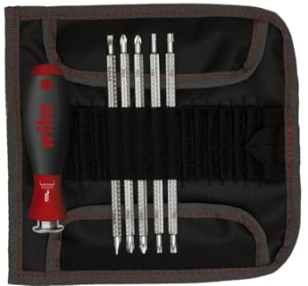 Wiha Schraubendreher mit Wechselklingen Set SYSTEM 6 (32298), 7 tlg. für tiefliegende Schrauben, Innensechskant/Kreuz/TORX/Schlitz inkl. Rolltasche