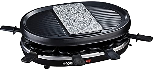 H.Koenig RP80 Apparecchio Multiuso, Piastra, per 8 Persone, Funzione Raclette/Pistra di Cottura in Granito/Griglia, 900W, 900 W, Acciaio Inossidabile, Pietra, Black