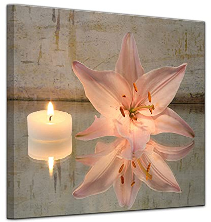 Bilderdepot24 Lilie und Kerze - Bild auf Leinwand 40 x 40 cm - Leinwandbilder Bilder als Leinwanddruck Geist & Seele Zeichnung - Blüte mit Wachskerze