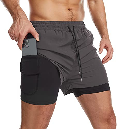 Danfiki Mens Running Shorts Men's Gym Sports Short 2 in 1 with Phone Pocket Lightweight Quick Drying Grey