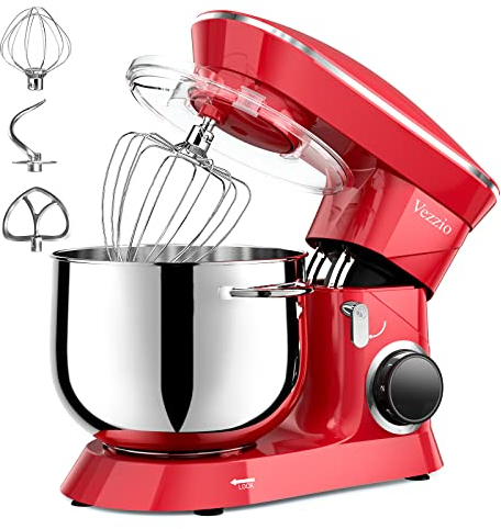 Robot Pâtissier Vezzio Robot Cuisine Multifonctions 8.5L Robot Pâtissier1500W 6 Vitesses Robot Pétrin Professionnel Faible Bruit vec Crochet Pétrin,Batteur plat,Fouet à Fils (Rouge)