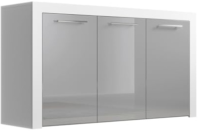 MB Muebles Bonitos, Buffet Nelia pour Salon et Salle à Manger avec Poignées en Métal, Meuble en Mélamine Brillante, Couleur Blanc et Gris, 144x80x42 cm