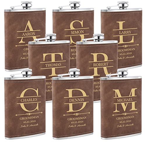 8 Pièces Flasques a Alcool Personnalisés, Flasques Whisky en Inox 304 8oz/227ml Personnalisables pour EVG, Flasque de Mariage Personnalisés pour les Garçons D'Honneur et les Témoins (Marron)