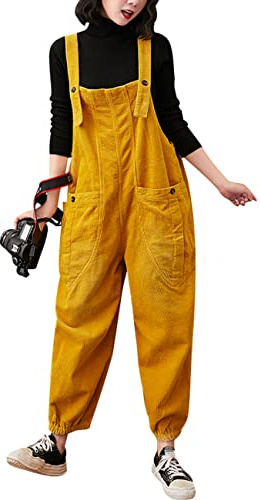Bigassets Donna Salopette di velluto a coste Casuale Tute larghe con tasche