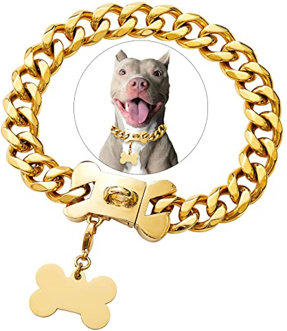 Goldkette Edelstahl Cuban Link Heavy Duty Hundehalsband für kleine, mittelgroße und große Hunde, American Bully Französische Bulldogge Hundehalsband Halsband mit Sicherheitsschnalle