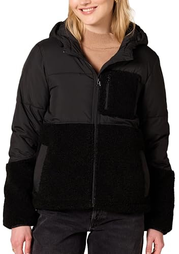 Amazon Essentials Women's Full-Zip Sherpa Fleece Hooded Puffer Jacket, Black, M