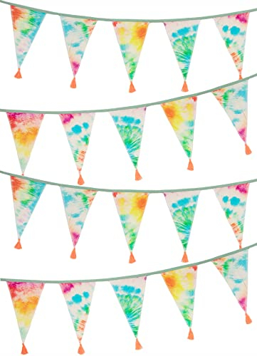 Talking Tables Tie Dye Rainbow Fabric Bunting with Tassels - 3m | Indoor Outdoor Triangle Flag Pennant Garland, 100% Cotton, 60s 70s Hippie Party Decorations, Colourful Home Décor (RAIN-TD-FABBUNT)
